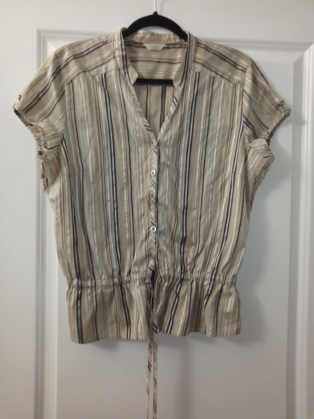 Christopher & Banks Bohemian Cream Striped & Gold Button-Front Drawstring Blouse